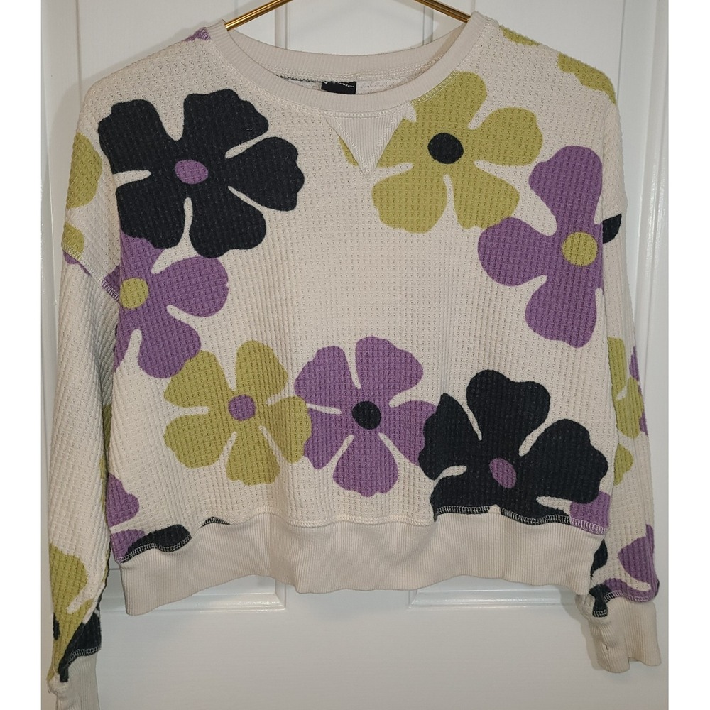 Girls' Oversized Long Sleeve Waffle T-Shirt - art class Cream Purple Sz Lg 10 12